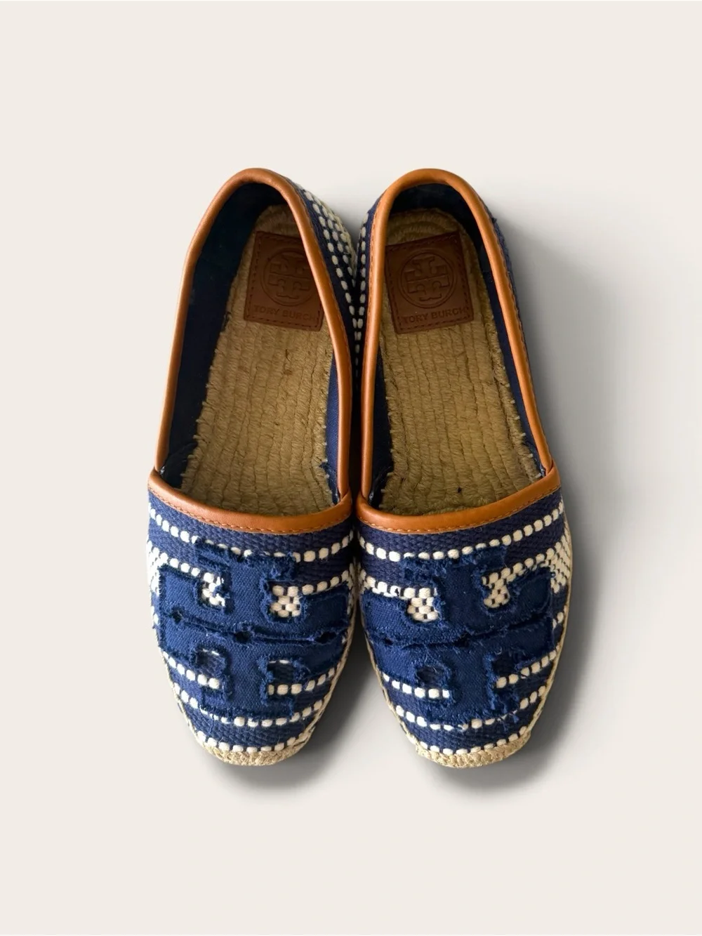 Tory Burch Navy and Cream Woven Espadrille Flats